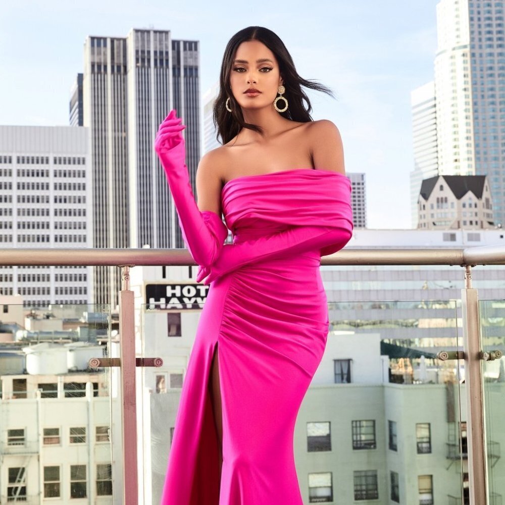 NEW SATIN LONG SHEATH OFF THE SHOULDER SLEEVELESS DRESS WITH GLOVES & ZIP CD979